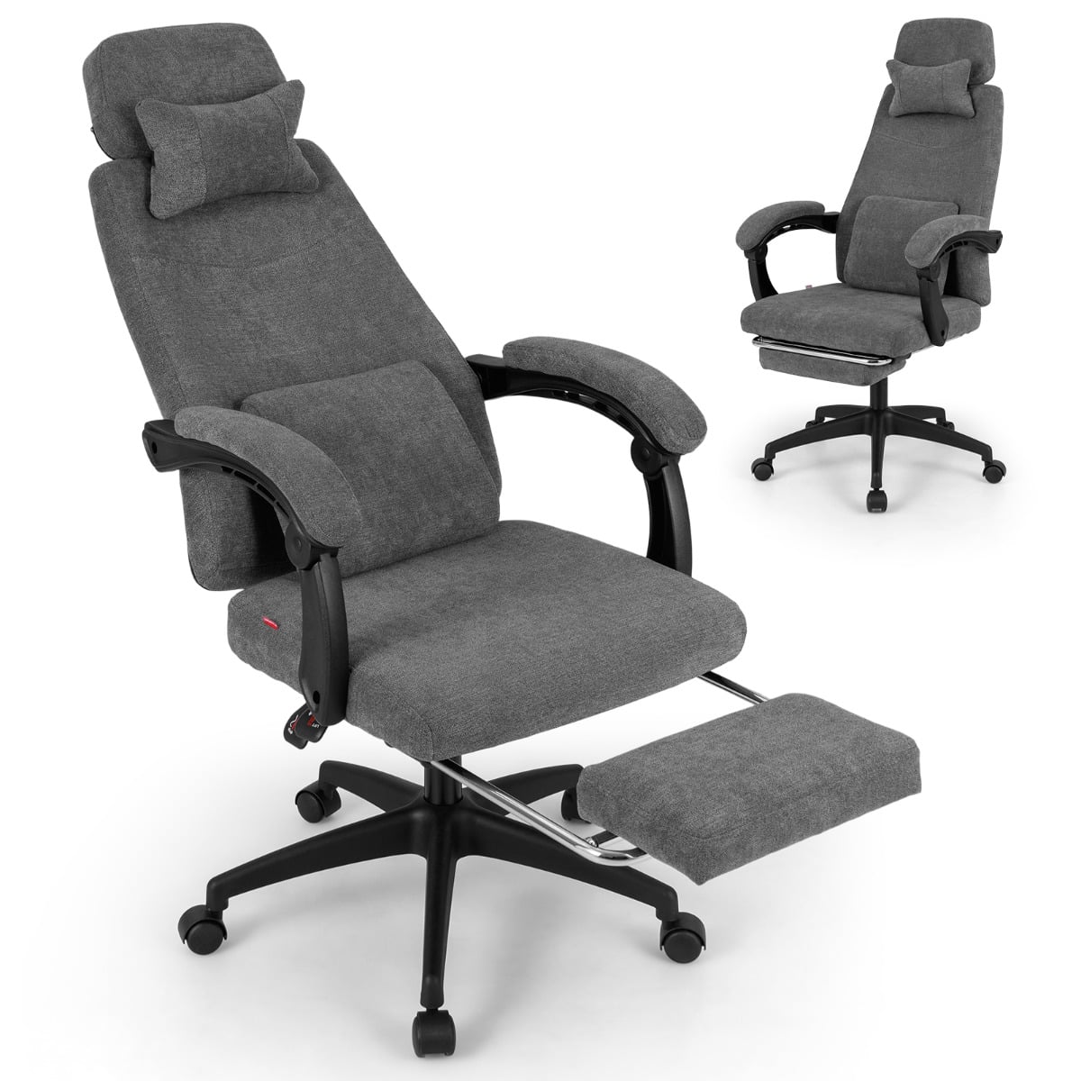 Reclining Home Office Chair Chenille Fabric Upholstered Computer Desk Chair with Padded Linkage Armrests-Grey