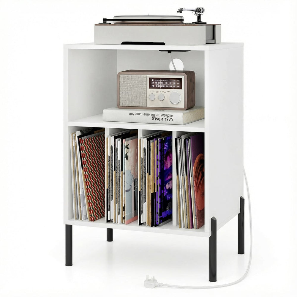 Record Player Stand Turntable Stand with Charging Station-White