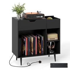 Record Player Stand with Built-In Power Strip and 3 Dividers-Black