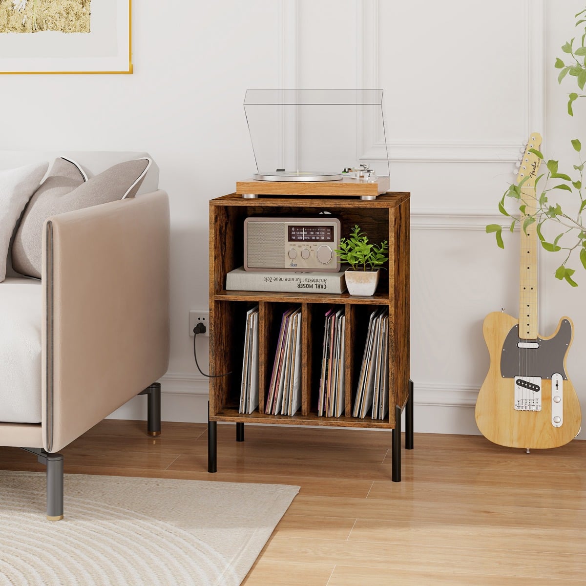 Record Player Stand with Charging Station and 5 Storage Compartments-Brown