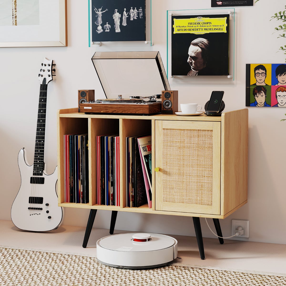 Record Player Stand with Charging Station Turntable Stand with Shelves and Adjustable Shelf-Natural