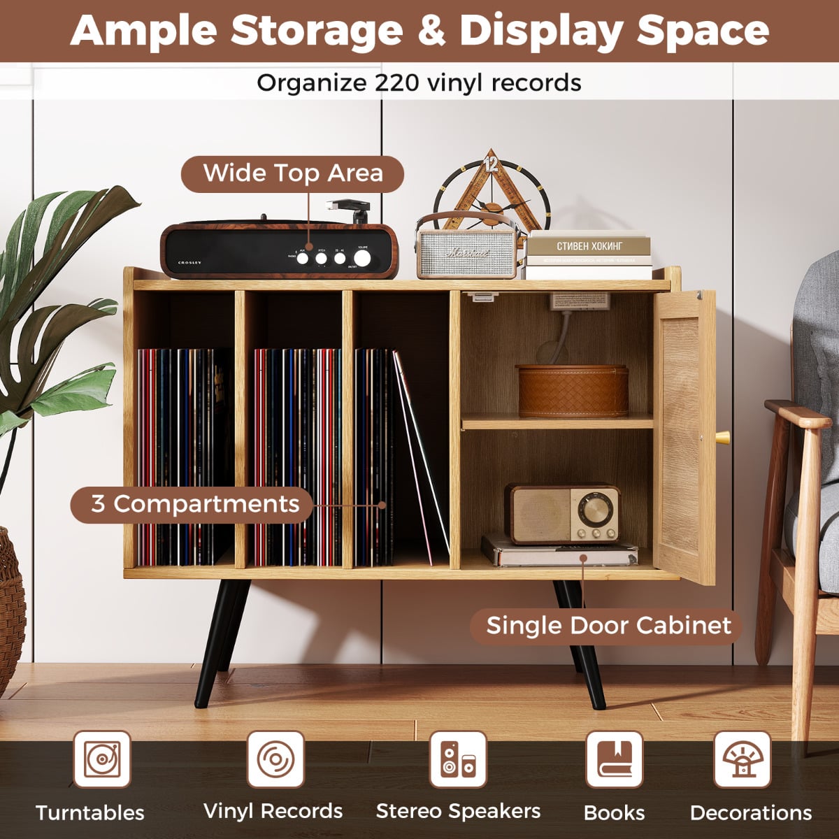 Record Player Stand with Charging Station Turntable Stand with Shelves and Adjustable Shelf-Natural