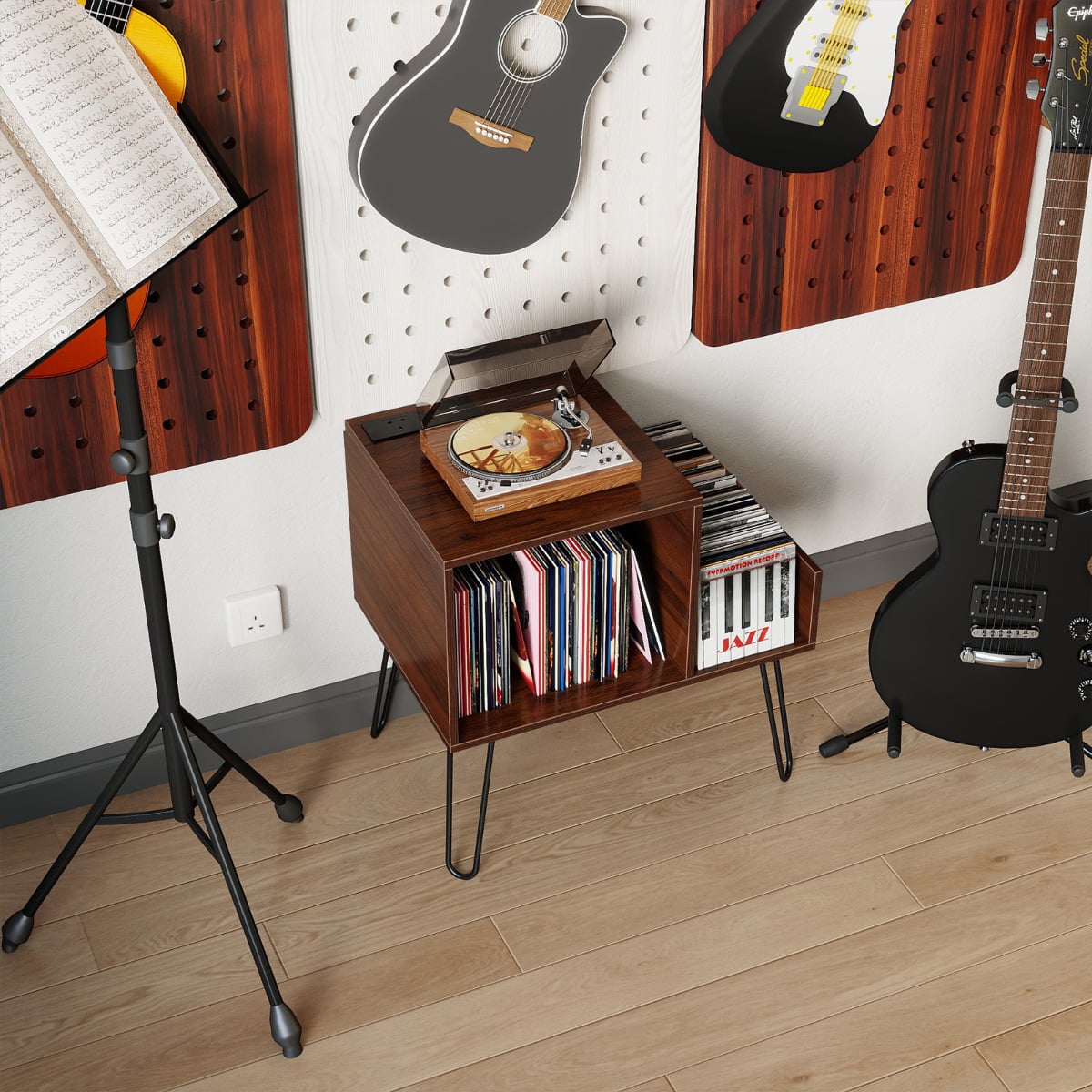 Record Player Stand with Power Outlet and Removable Dividers-Walnut