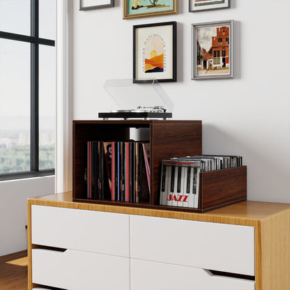Record Player Stand with Power Outlet and Removable Dividers-Walnut