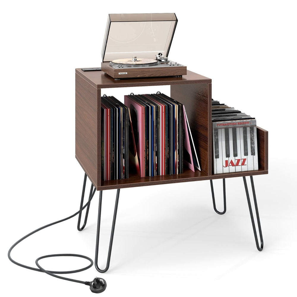 Record Player Stand with Power Outlet and Removable Dividers-Walnut
