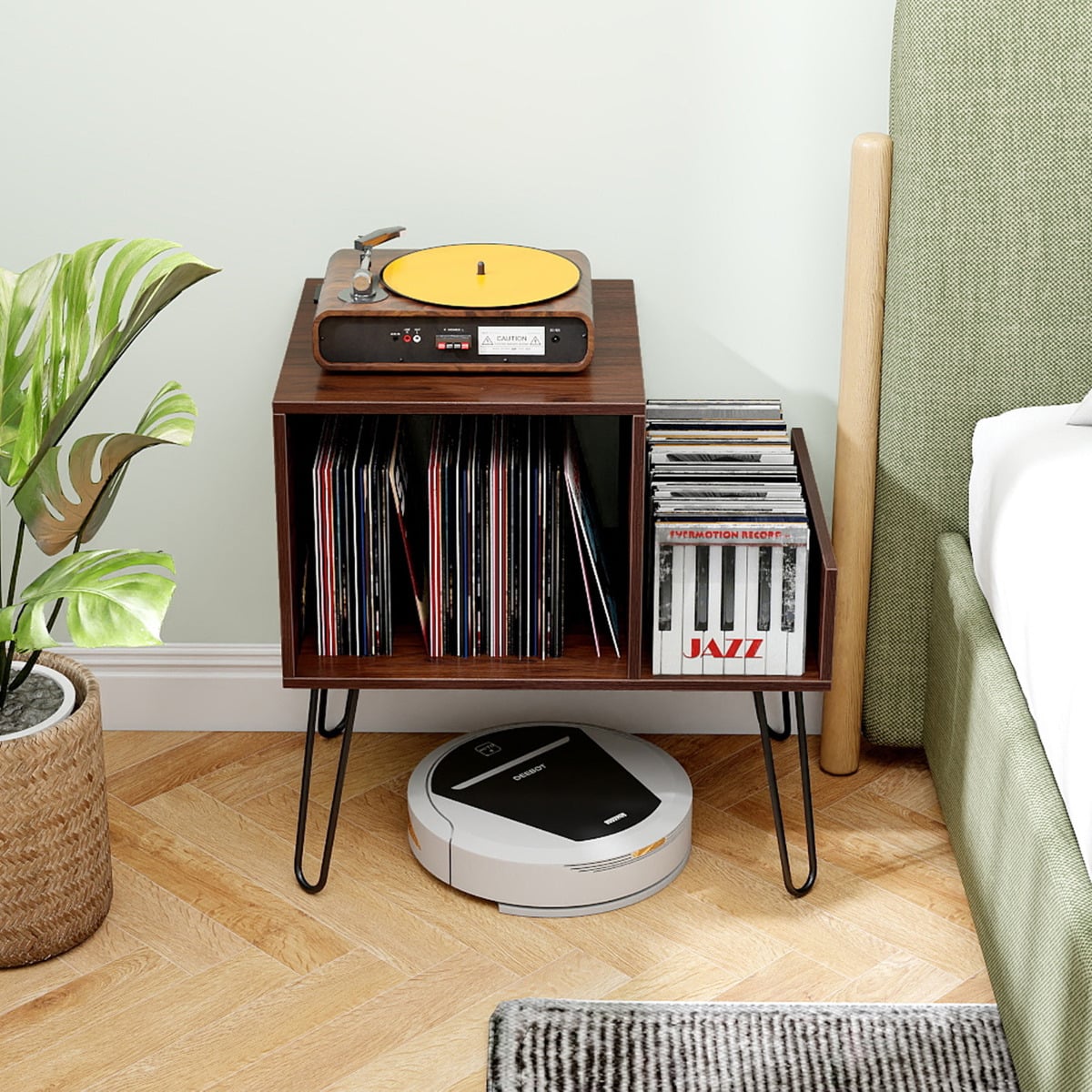 Record Player Stand with Power Outlet and Removable Dividers-Walnut