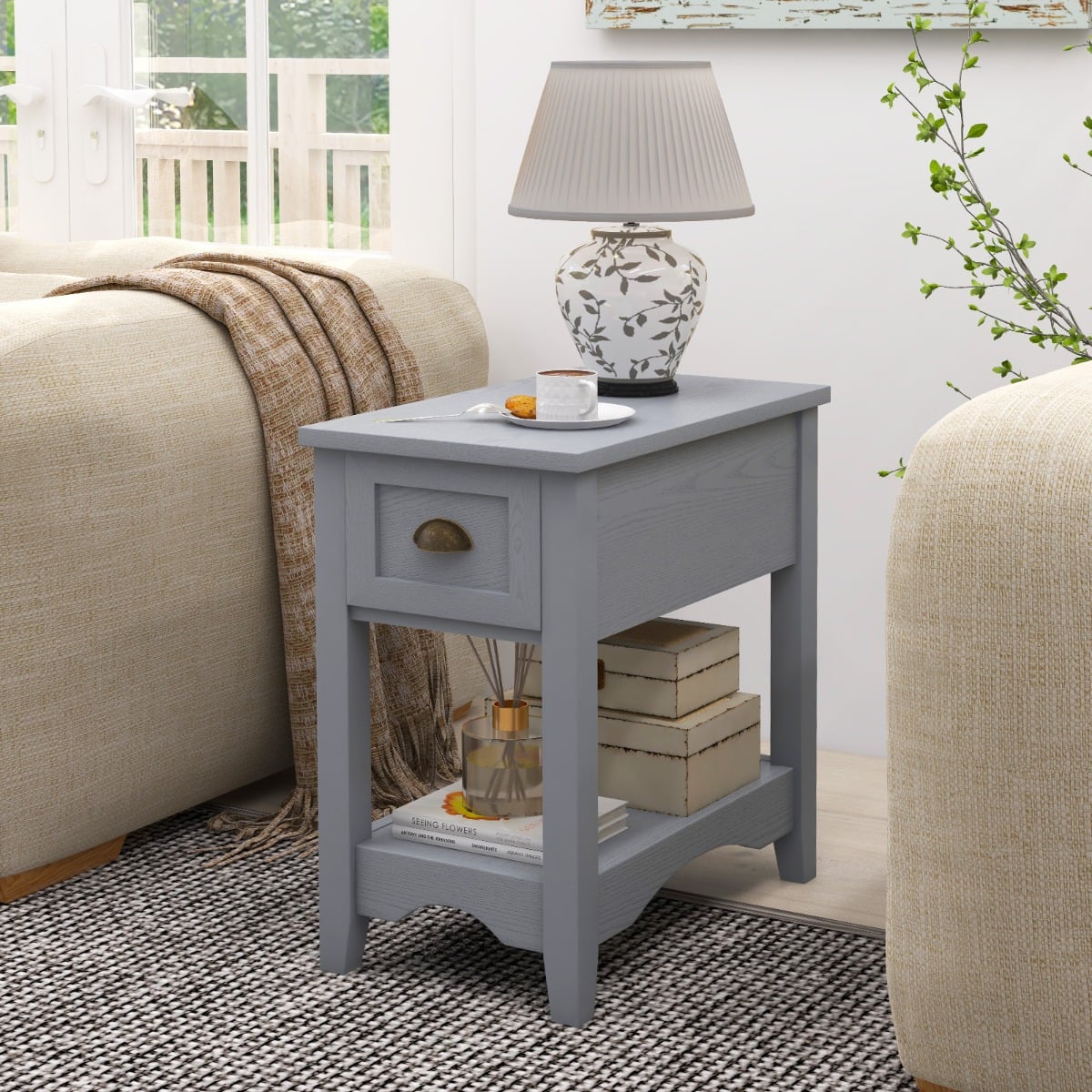 Rectangular Nightstand with 1 Drawer 1 Storing Shelf and 4 Solid Rubber wood Legs-Grey