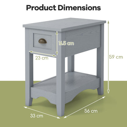 Rectangular Nightstand with 1 Drawer 1 Storing Shelf and 4 Solid Rubber wood Legs-Grey