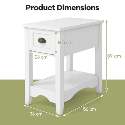 Rectangular Nightstand with 1 Drawer 1 Storing Shelf and 4 Solid Rubber wood Legs-White