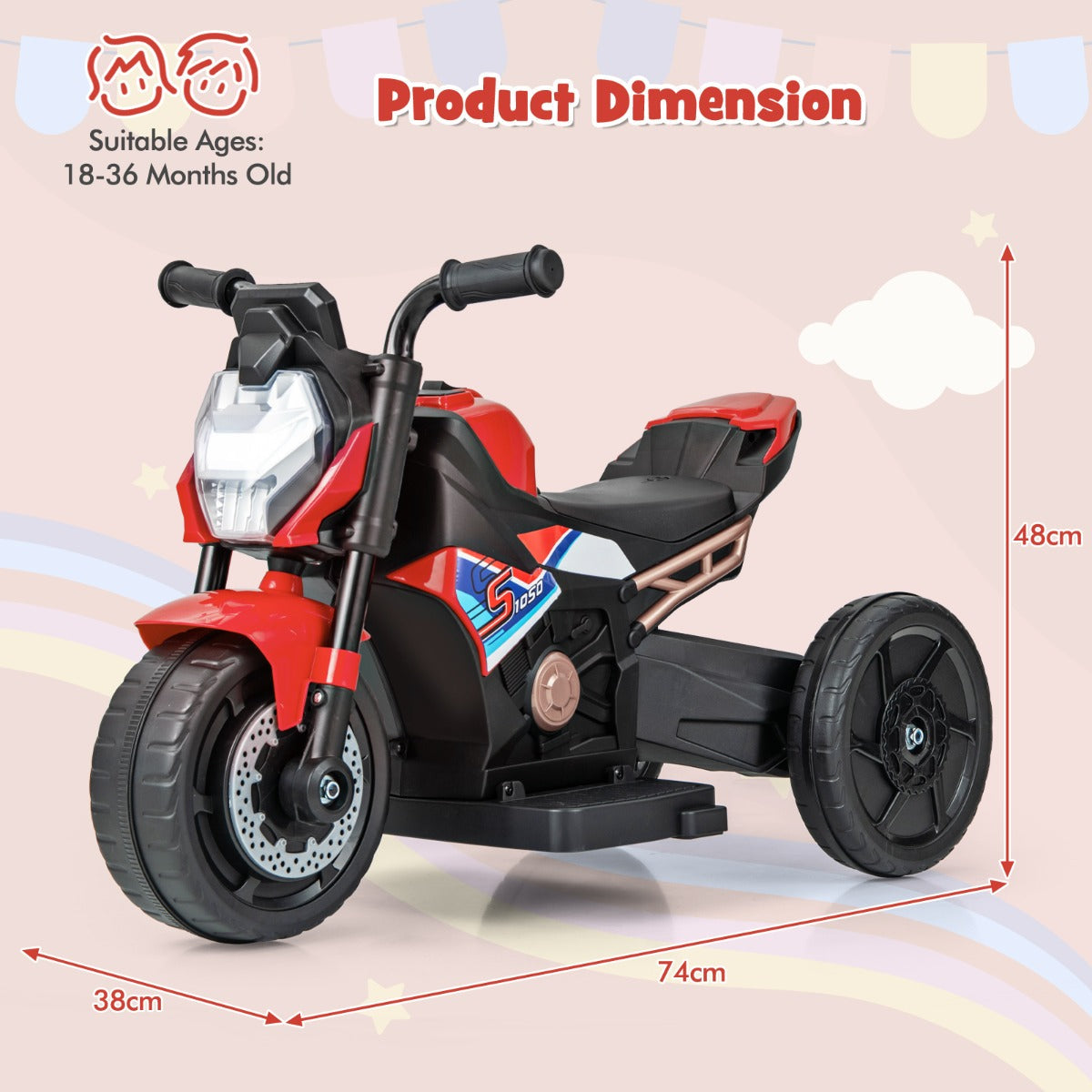 6V Kids Ride-on Motorcycle with 2-wheel/3-wheel Conversion & Detachable Training Wheels-Red