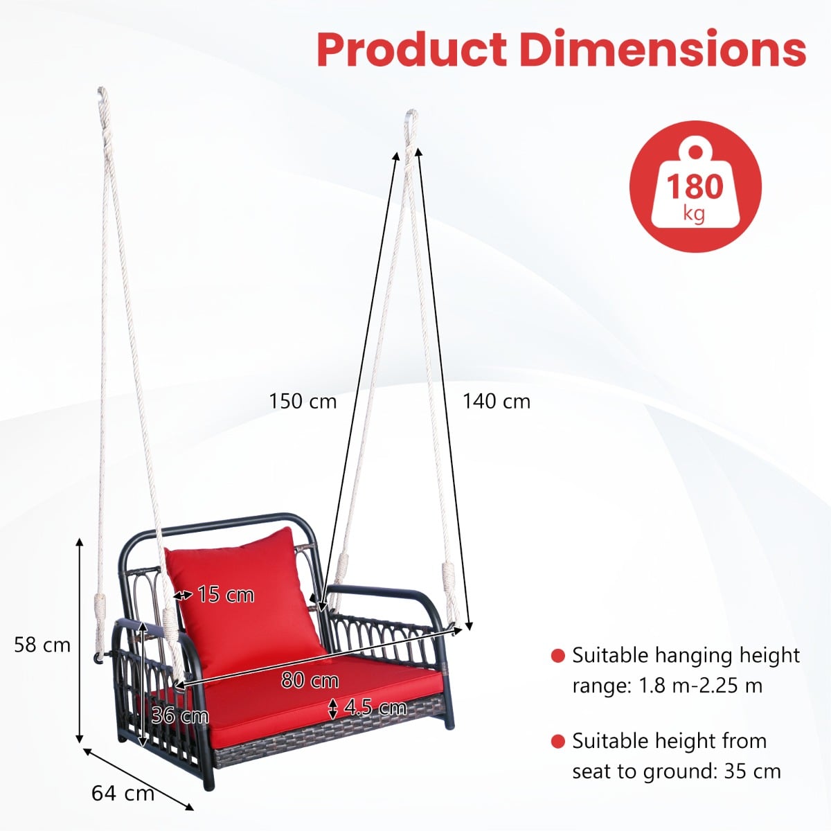 Hanging Porch Swing Chair with Back & Seat Cushion-Red