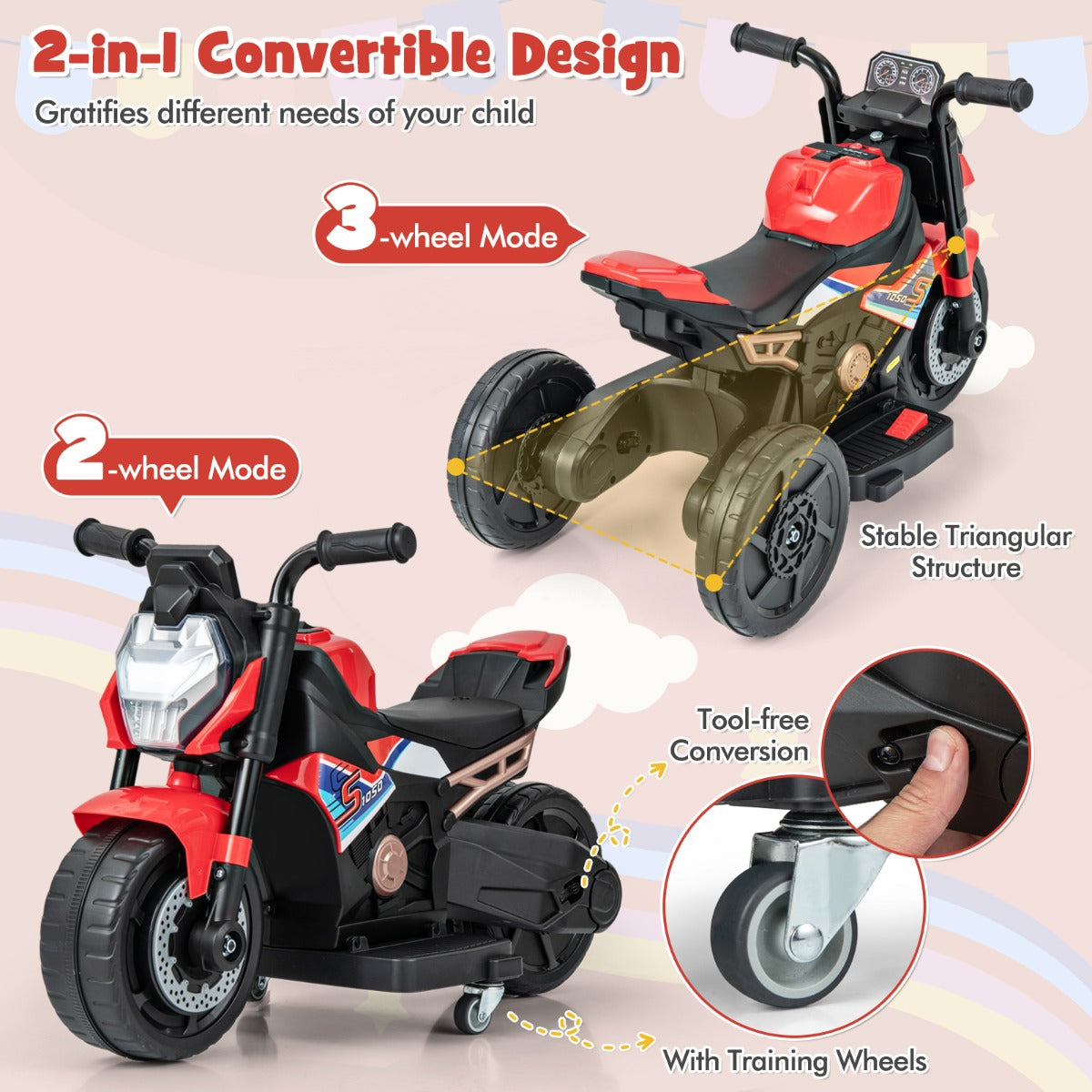 6V Kids Ride-on Motorcycle with 2-wheel/3-wheel Conversion & Detachable Training Wheels-Red
