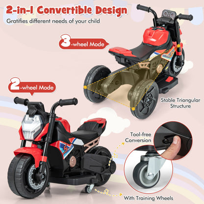 6V Kids Ride-on Motorcycle with 2-wheel/3-wheel Conversion & Detachable Training Wheels-Red