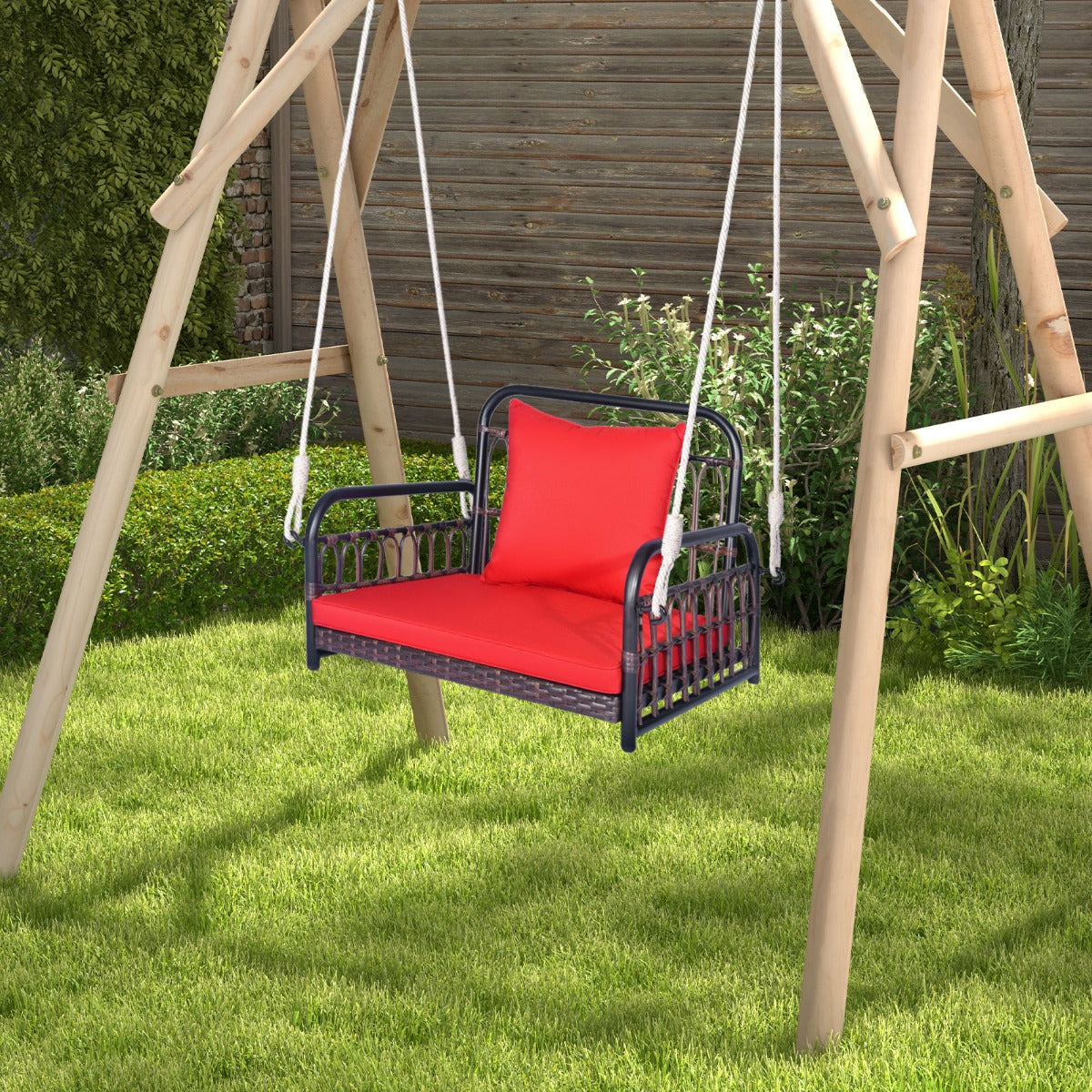 Hanging Porch Swing Chair with Back & Seat Cushion-Red