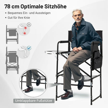 116.5 CM Tall Directors Chair with Foldable Side Table and Footrest-Grey