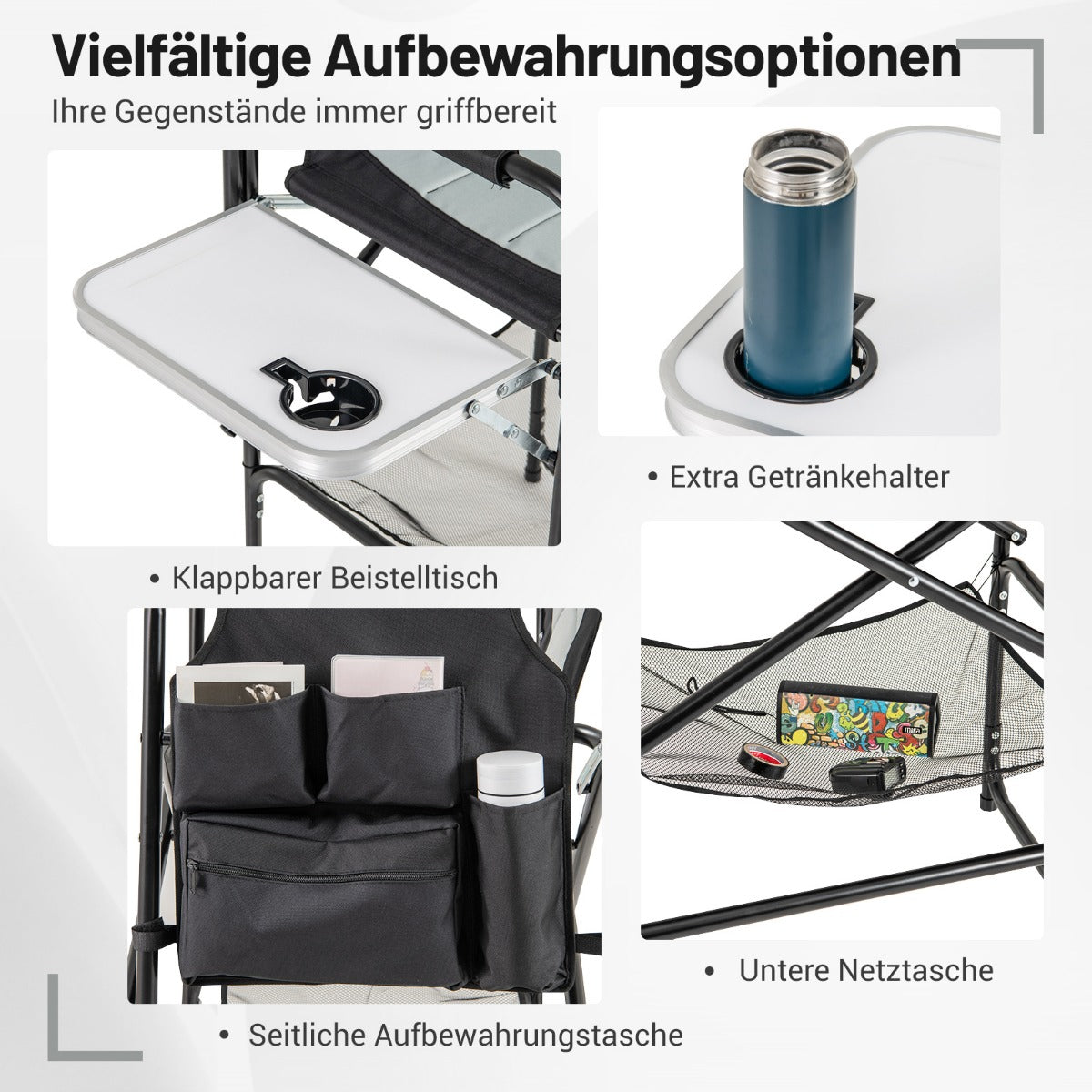 116.5 CM Tall Directors Chair with Foldable Side Table and Footrest-Grey