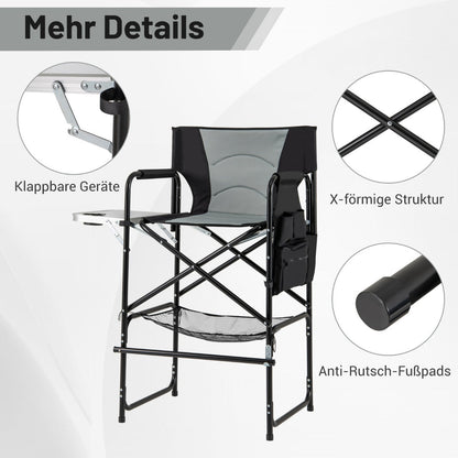116.5 CM Tall Directors Chair with Foldable Side Table and Footrest-Grey