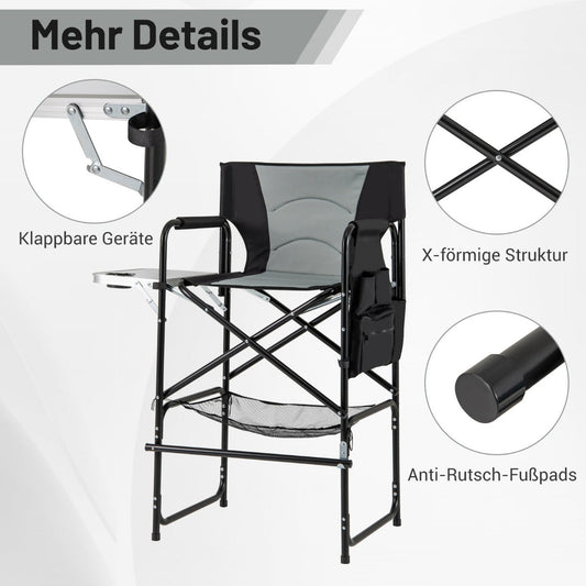 116.5 CM Tall Directors Chair with Foldable Side Table and Footrest-Grey