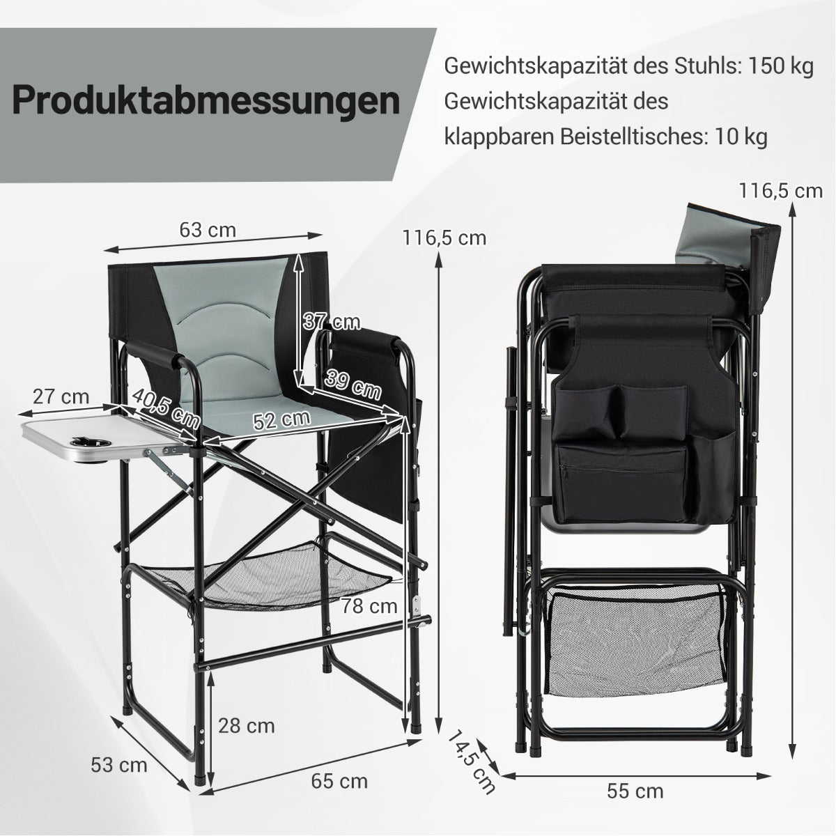 116.5 CM Tall Directors Chair with Foldable Side Table and Footrest-Grey