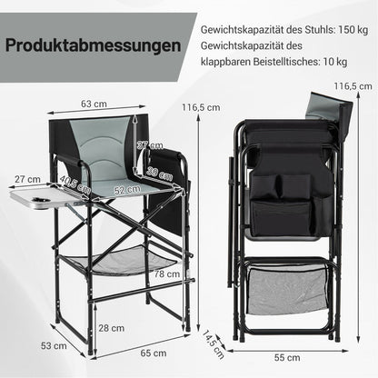 116.5 CM Tall Directors Chair with Foldable Side Table and Footrest-Grey