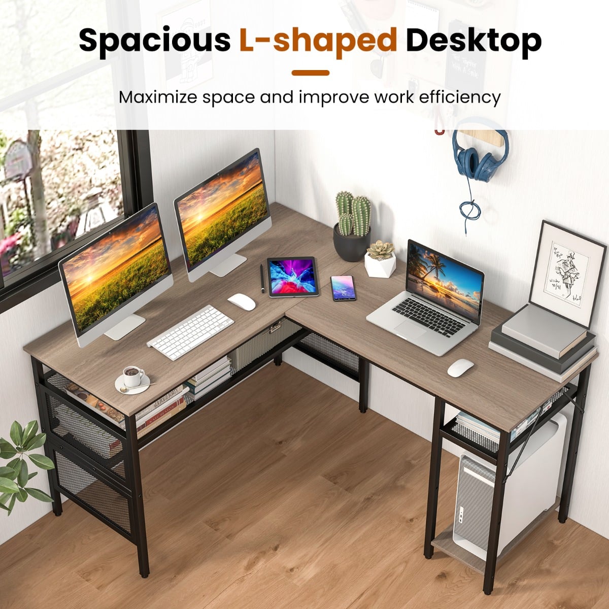 140 x 120cm Reversible L-Shaped Computer Desk with CPU Stand-Grey