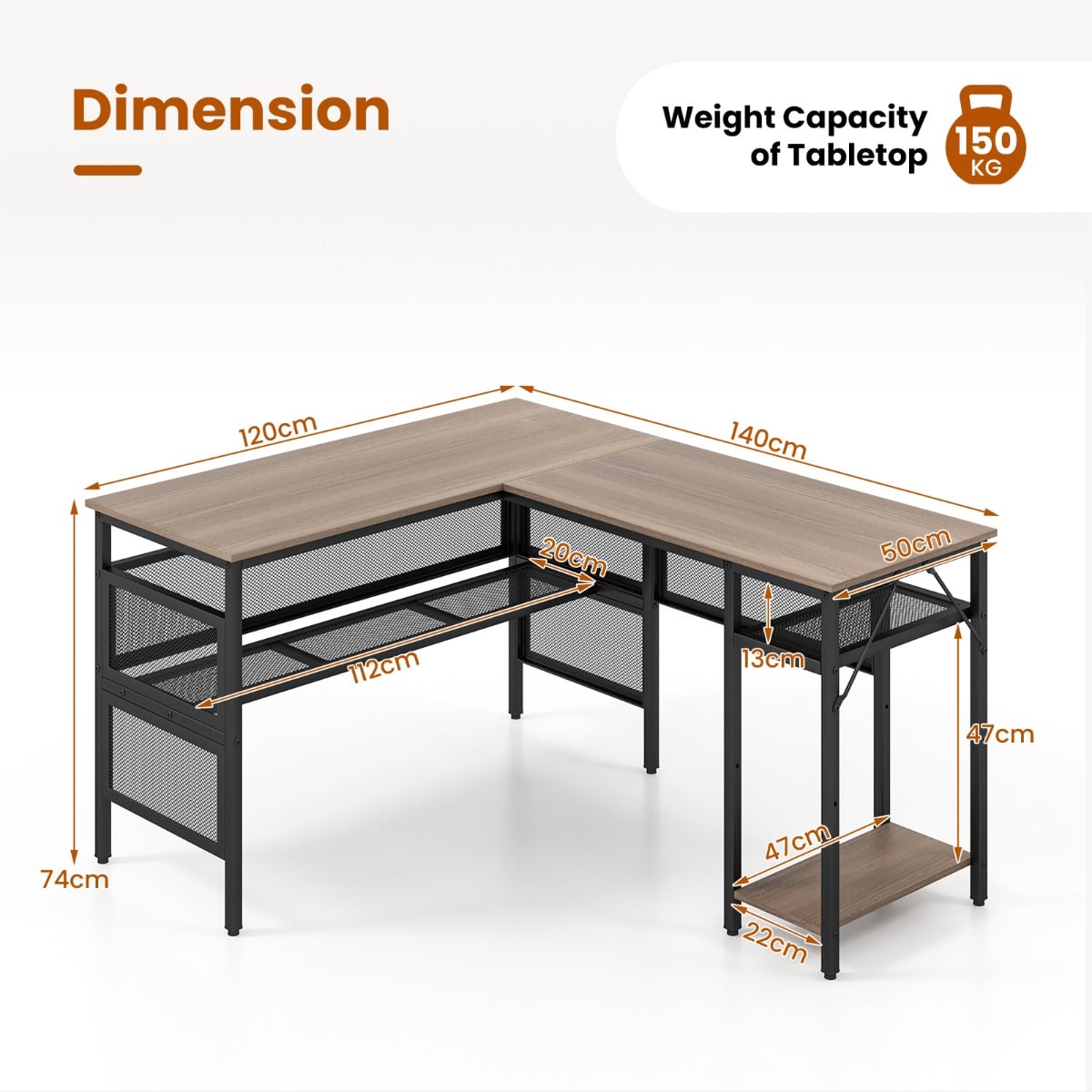 140 x 120cm Reversible L-Shaped Computer Desk with CPU Stand-Grey