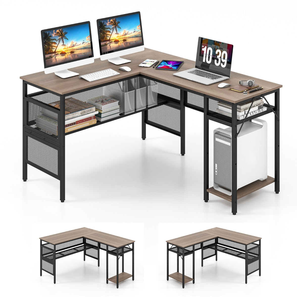 140 x 120cm Reversible L-Shaped Computer Desk with CPU Stand-Grey
