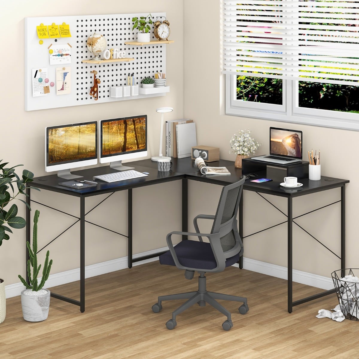Reversible Corner Study Workstation and Writing Desk with Monitor Stand-Black