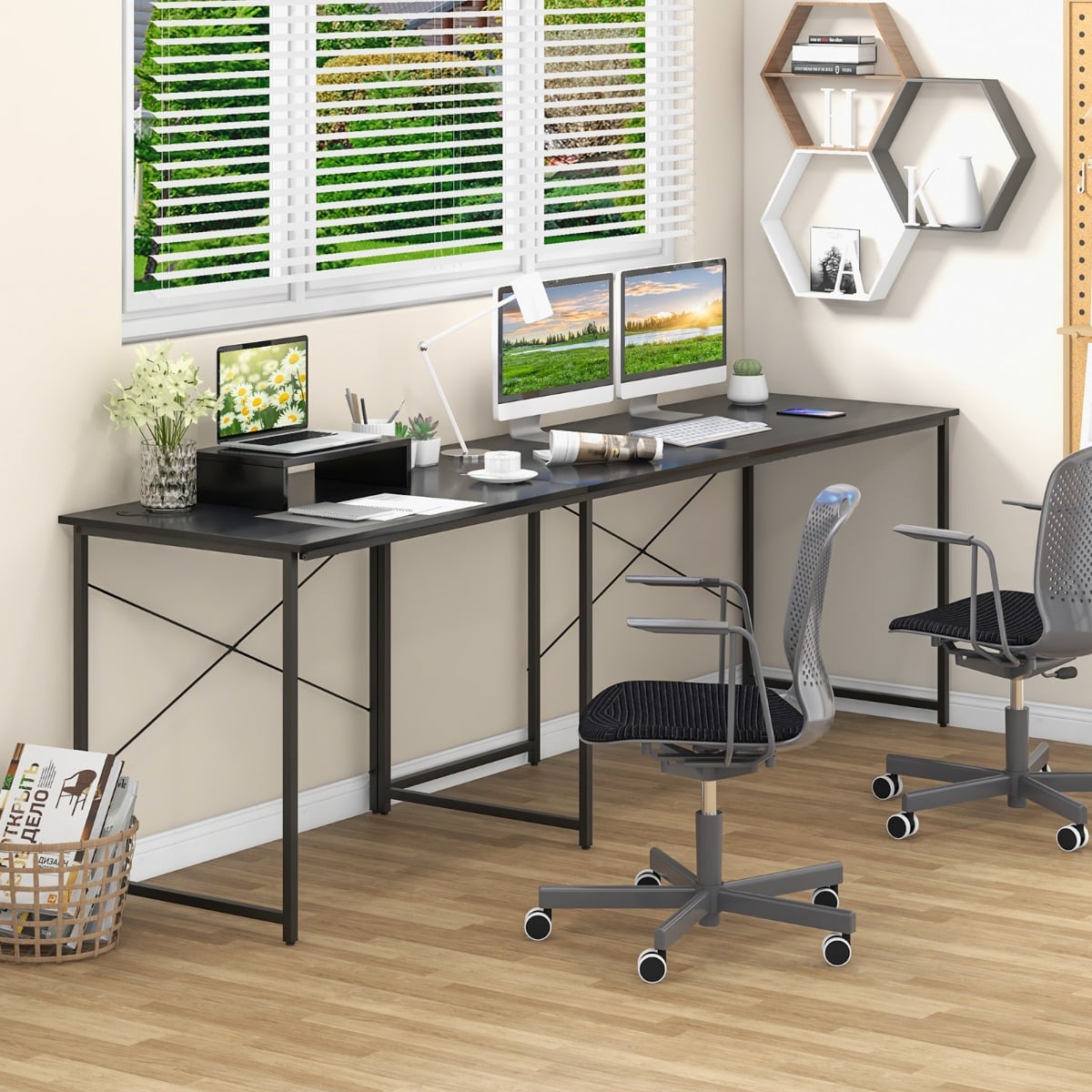 Reversible Corner Study Workstation and Writing Desk with Monitor Stand-Black
