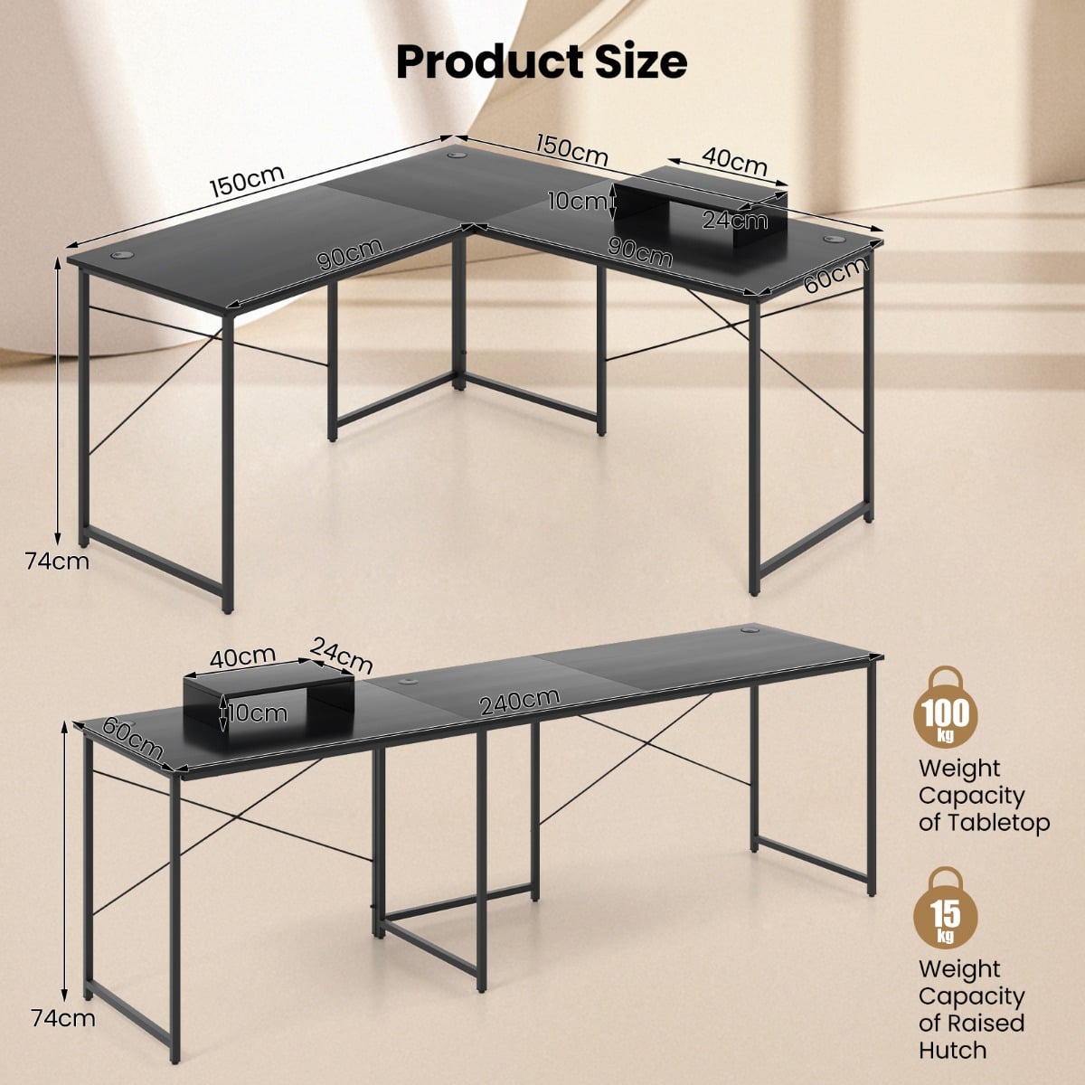 Reversible Corner Study Workstation and Writing Desk with Monitor Stand-Black