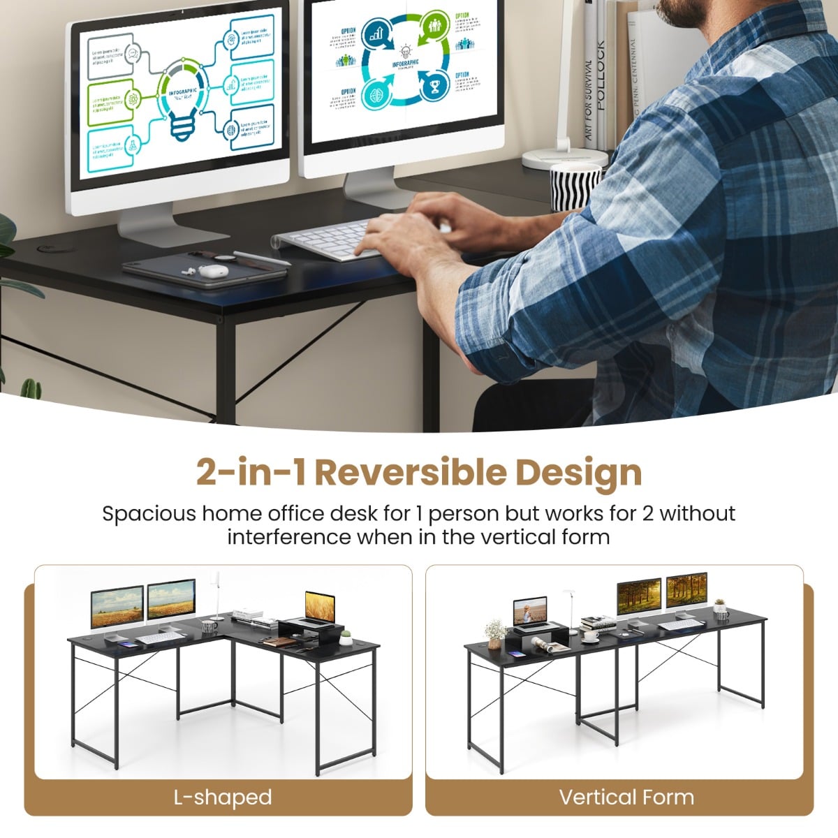 Reversible Corner Study Workstation and Writing Desk with Monitor Stand-Black