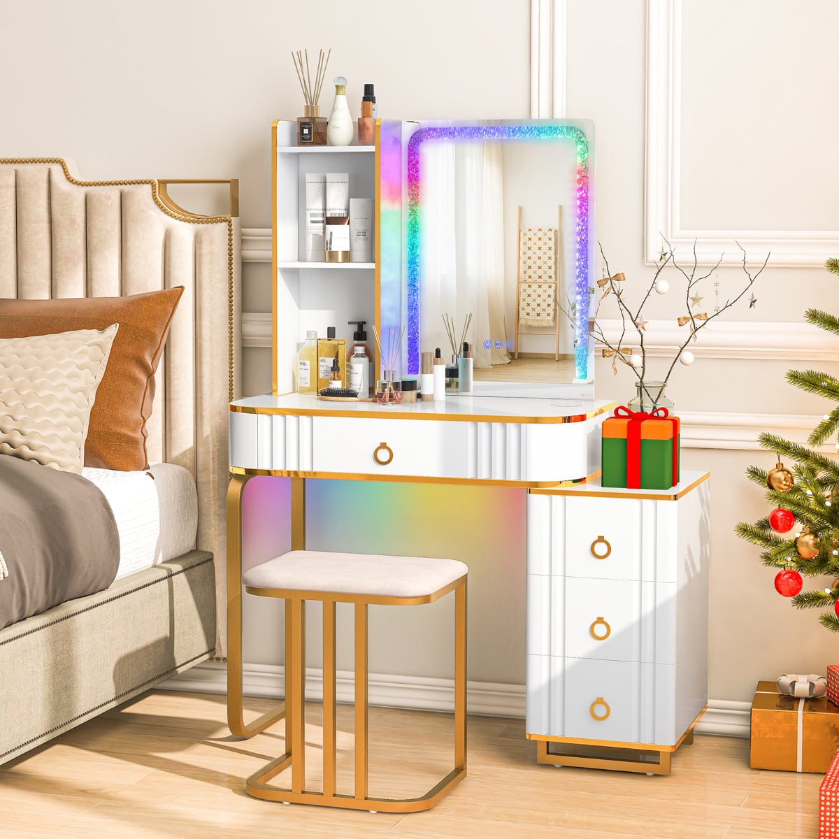 RGB LED Vanity Set with Mirror and Lights-White