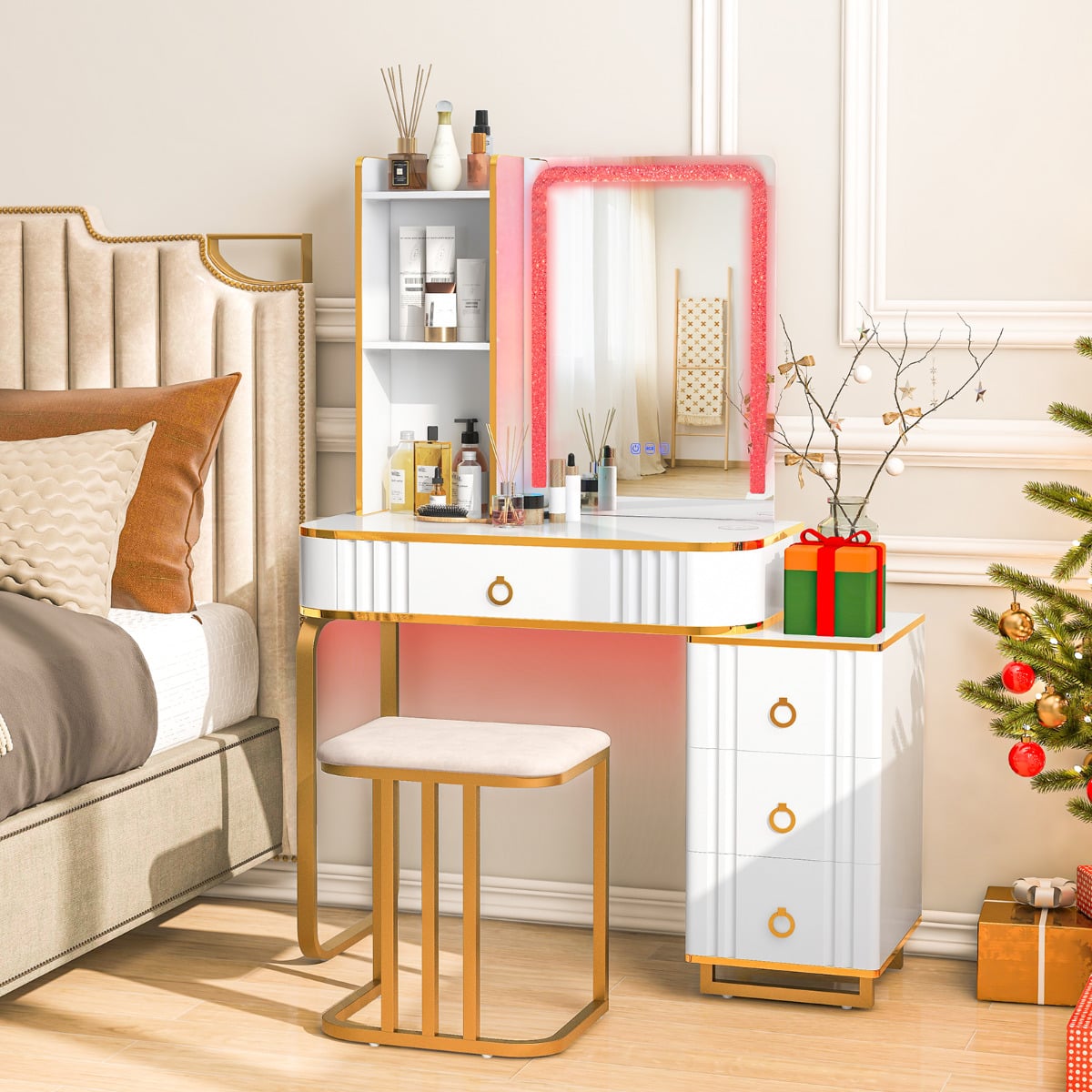 RGB LED Vanity Set with Mirror and Lights-White