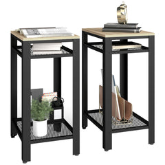 HOMCOM Tall Side Table Set of 2 with 3 Layer, 2 Shelves Storage Display Industrial-Style, Metal Frame, Bedside End Table for Living Room Bedroom, Oak and Black