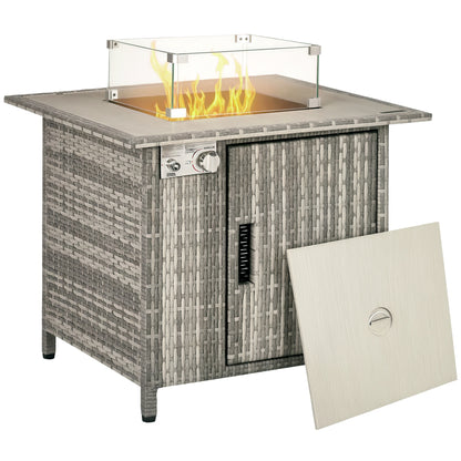 Outsunny 14.5 KW Rattan Gas Fire Pit Dining Table with Rain Cover, Wind Guard, Lid, Lava Rocks, Grey