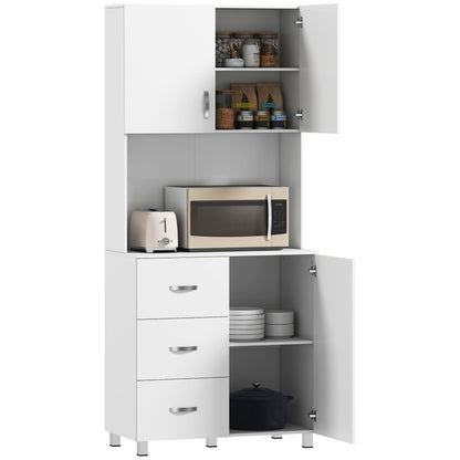 HOMCOM 183.5cm Free standing Kitchen Cupboard, Storage Cabinet with Doors and Sheleves, 3 drawers and Open Space, Adjustable Height Storage Unit, White