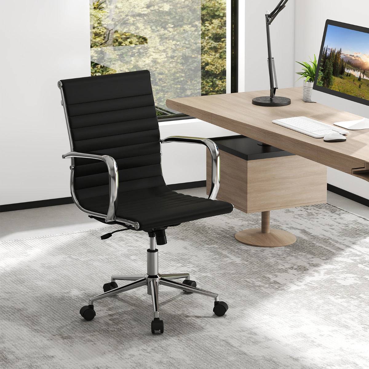 Ribbed Executive Office Chair Adjustable Swivel PU Leather Conference Chair-Black