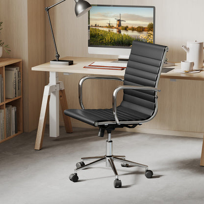 Ribbed Executive Office Chair Adjustable Swivel PU Leather Conference Chair-Black