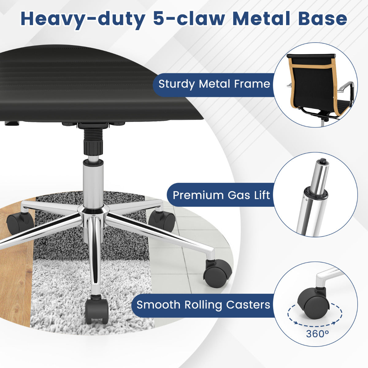 Ribbed Executive Office Chair Adjustable Swivel PU Leather Conference Chair-Black