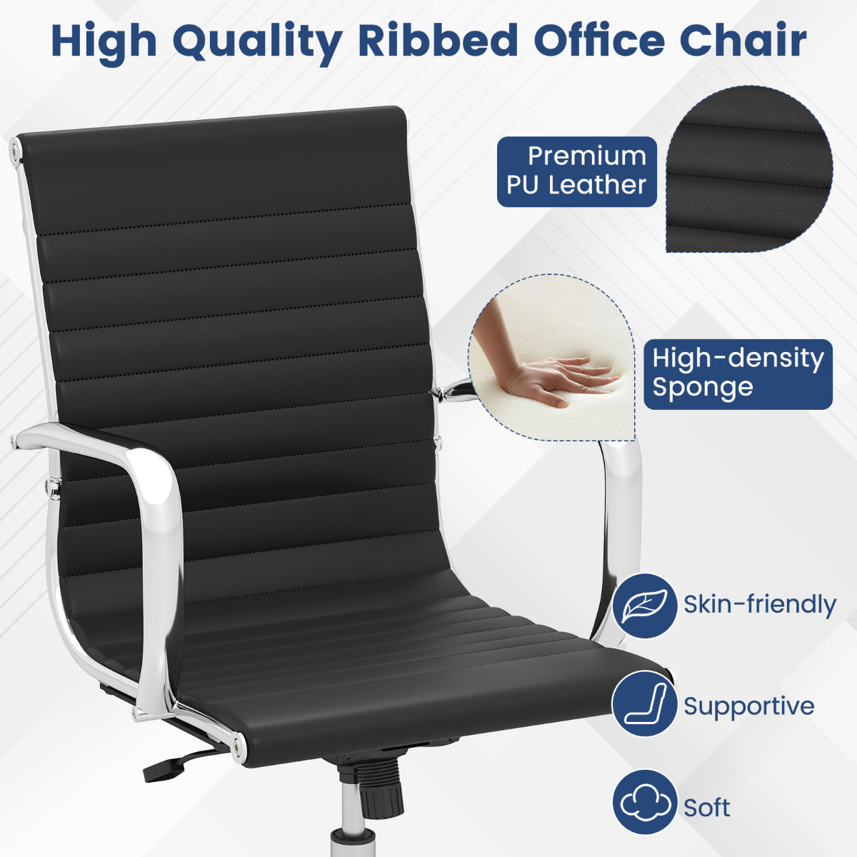 Ribbed Executive Office Chair Adjustable Swivel PU Leather Conference Chair-Black
