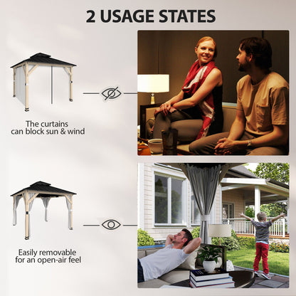 Outsunny 3 x 3 m Outdoor Hardtop Gazebo Canopy with 2-Tier Steel Roof, Wood Garden Gazebo with Curtains, Light Grey