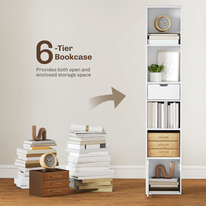 HOMCOM 6-Tier Bookcase, Tall Narrow Bookshelf with Drawer and Door - White