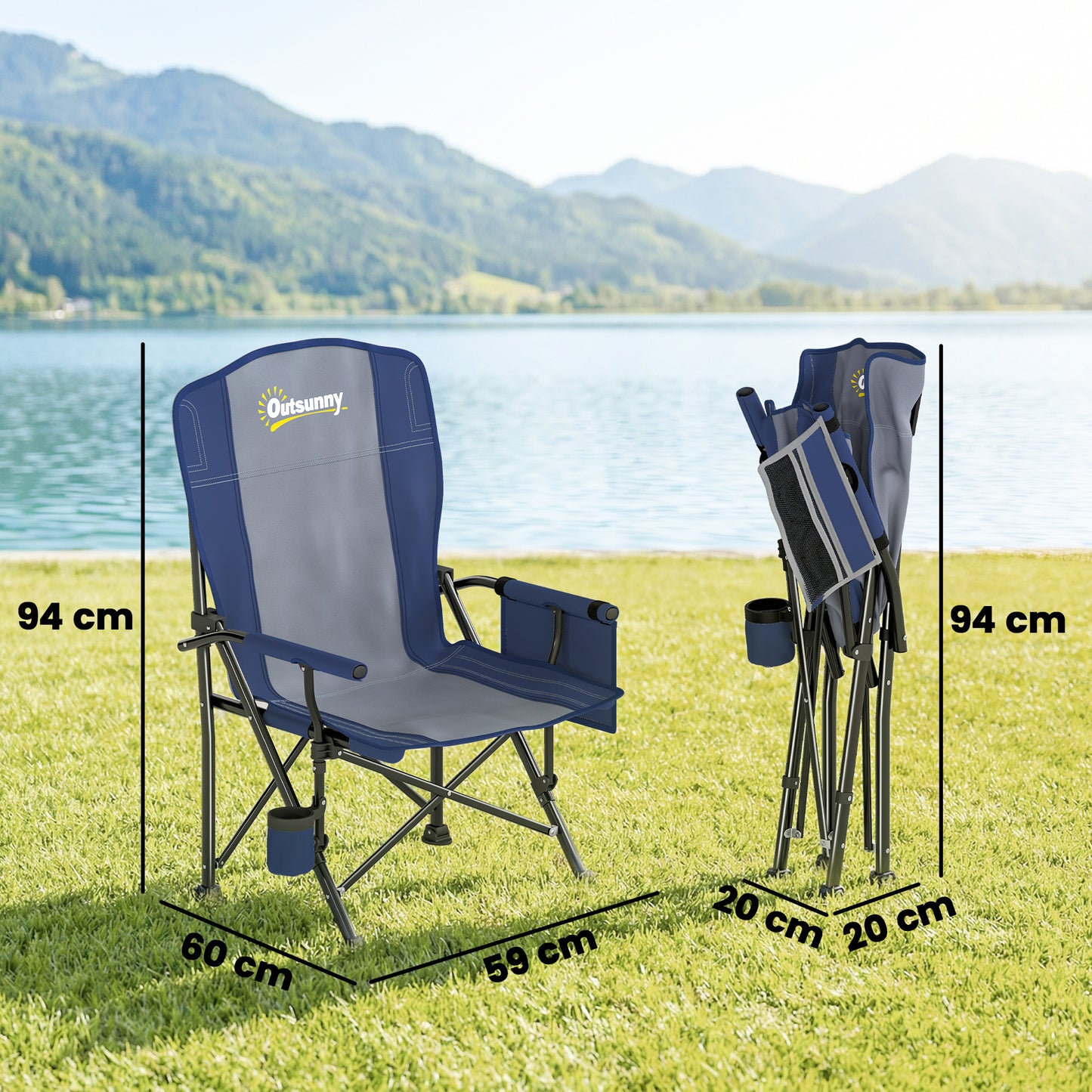 Outsunny Padded Camping Chair Adults Heavy Duty Folding Chair Side Pocket Cup Holder Carry Bag Outdoor Dark Blue
