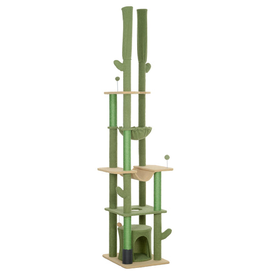 PawHut 225-255cm Adjustable Floor to Ceiling Cat Tree, Tall Cat Tower for Indoor Cats w/ Scratching Posts, Green