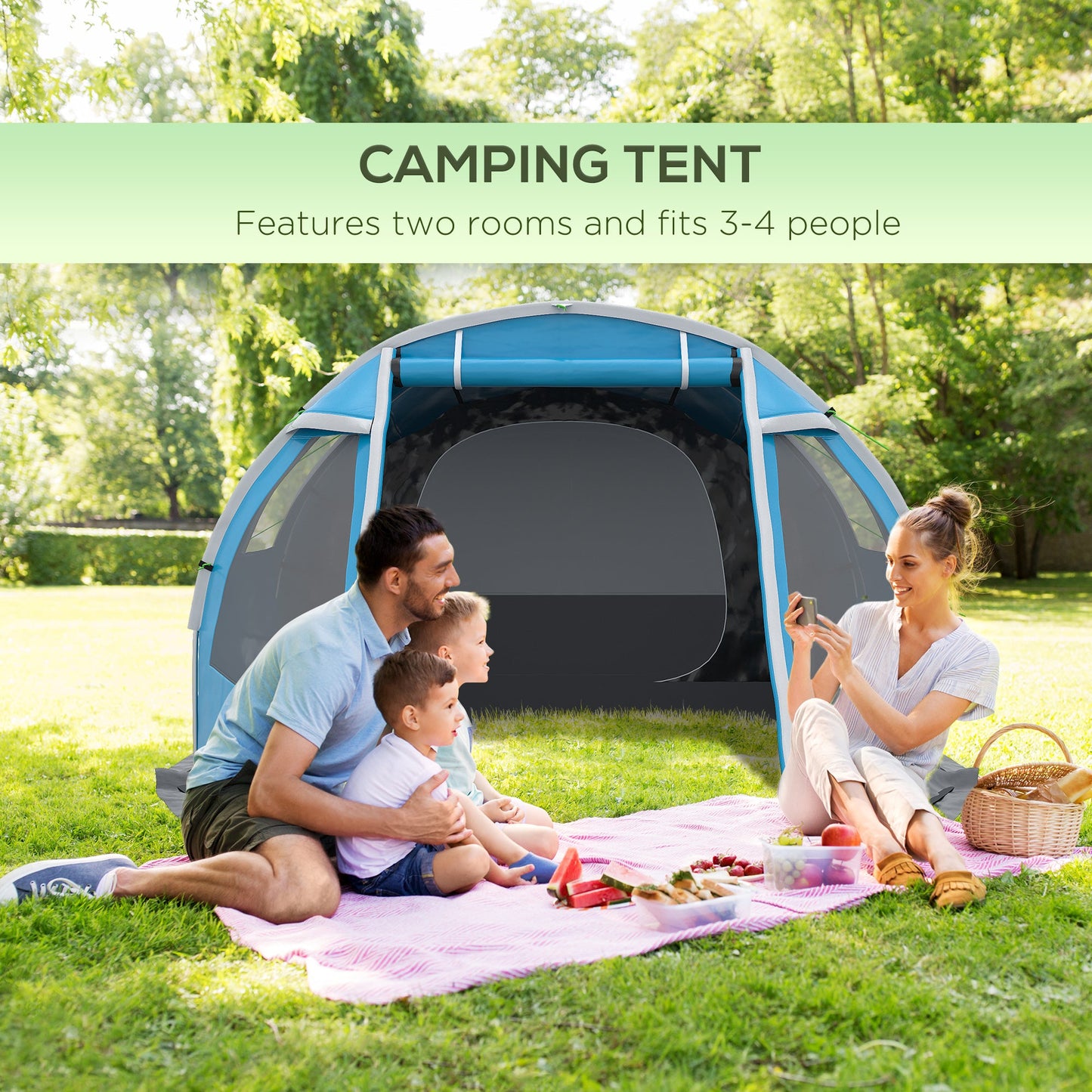 Outsunny 3-4 Man Tunnel Tent, Two Room Camping Tent with Windows, Portable Carry Bag, for Fishing, Hiking, Sports, Festival - Blue