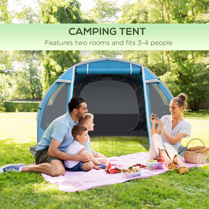 Outsunny 3-4 Man Tunnel Tent, Two Room Camping Tent with Windows, Portable Carry Bag, for Fishing, Hiking, Sports, Festival - Blue
