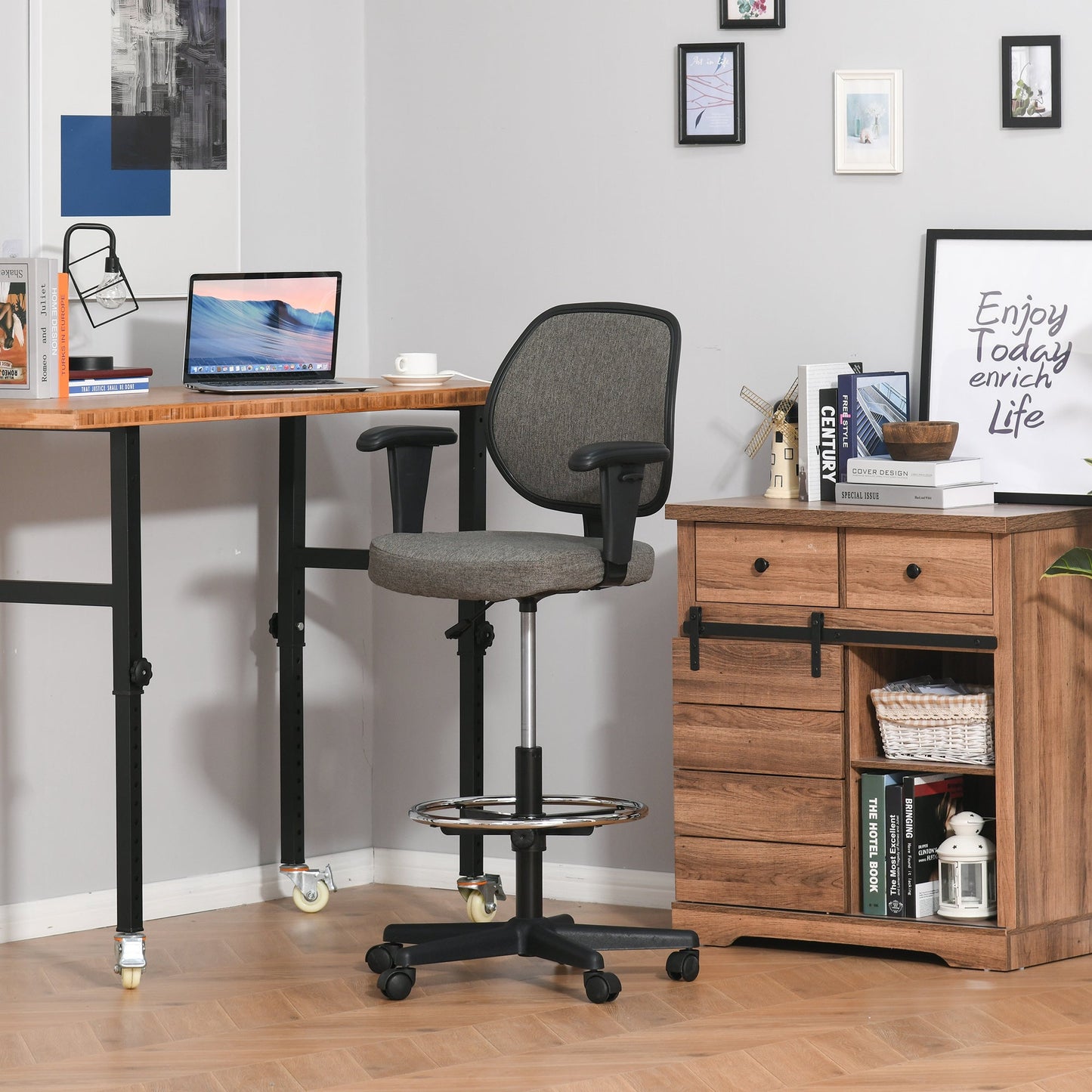 Vinsetto Ergonomic Drafting Chair Tall Office Stand Desk Chair with Foot Ring, Arm, 360° Swivel Wheels, Grey