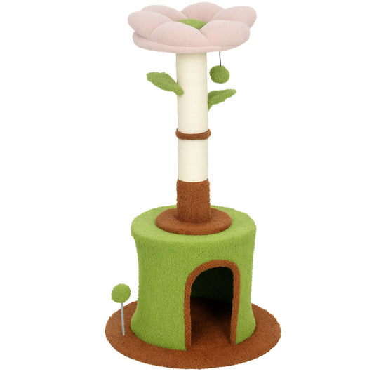 PawHut Cat Tree for Indoor Kittens, 88cm Flower Cat Tower with Condo & Bed, Scratching Post, 2 Toy Balls and 2 Crinkle Leaves