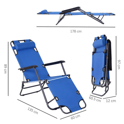 Outsunny 2 in 1 Folding Sun Lounger Reclining Garden Chair Set of 2 with 2-Level Adjustable Backrest, Outdoor Zero Gravity Recliner Garden Chairs with Head Pillow and Armrests, Blue
