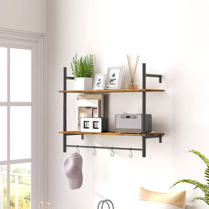HOMCOM Wall Mounted Floating Shelves with 4 Hooks, Rustic Wall Shelf Unit for Living Room, Entryway, Rustic Brown